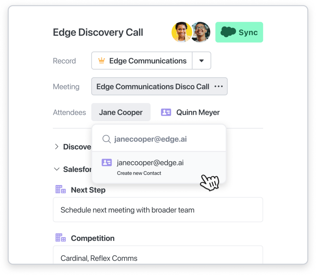 Showing a Dooly note automatically identifying a potential new contact from meeting attendees.