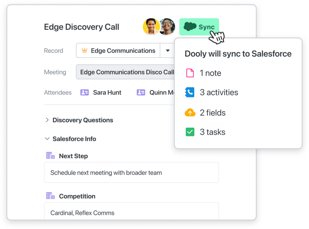 Close up of the sync menu,showing what sales note data Dooly can sync to Salesforce.