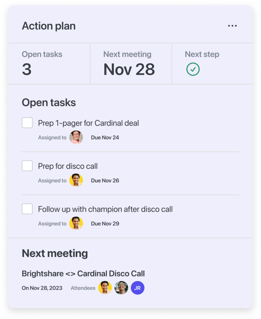 Close up of the Action Plan card used in Dooly's DealSpace, which includes fields for open tasks, next meeting, and next step.