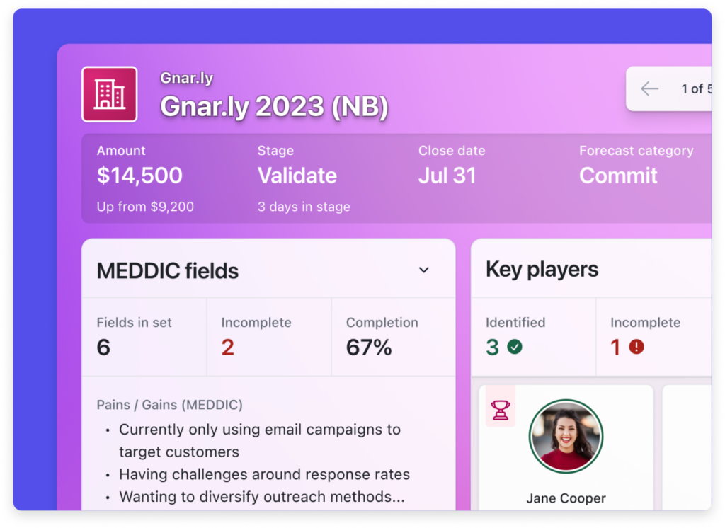 Close up of Dooly's DealSpace UI showing the Main Metrics bar.