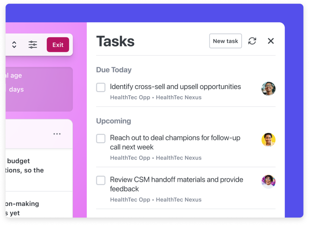 Close up of Dooly's DealSpace UI showing the manager tasks panel.