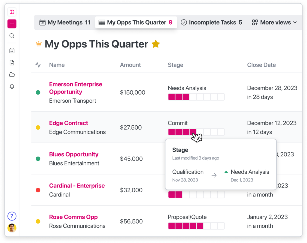 Adjusting the Salesforce stage of a deal in the Dooly Pipeline, along with a pop up that shows when the field was last updated.