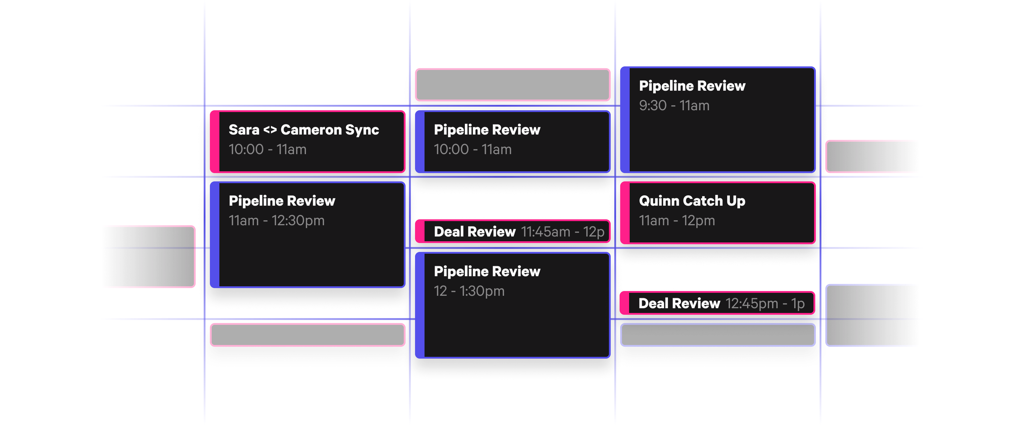 An online calendar filled with too many meetings for pipeline and deal reviews.