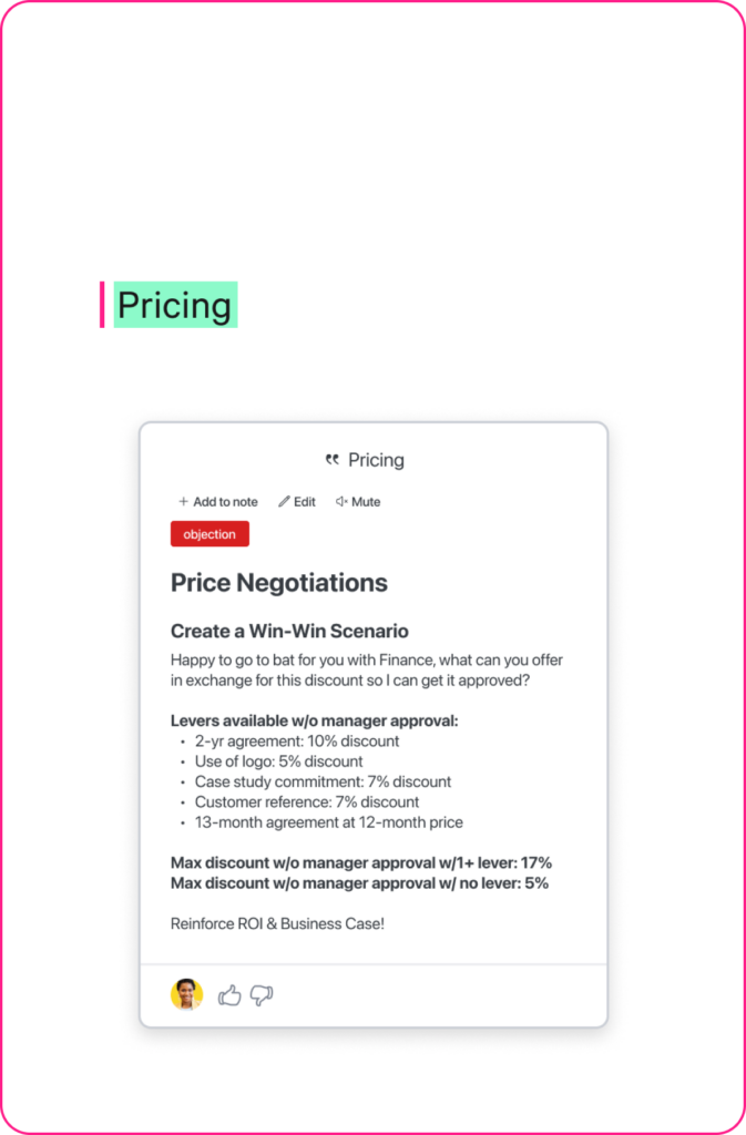 Text from a Dooly note with the word "pricing" highlighted, next to sales playbook with information on how a sales rep can handle pricing objections on a deal.