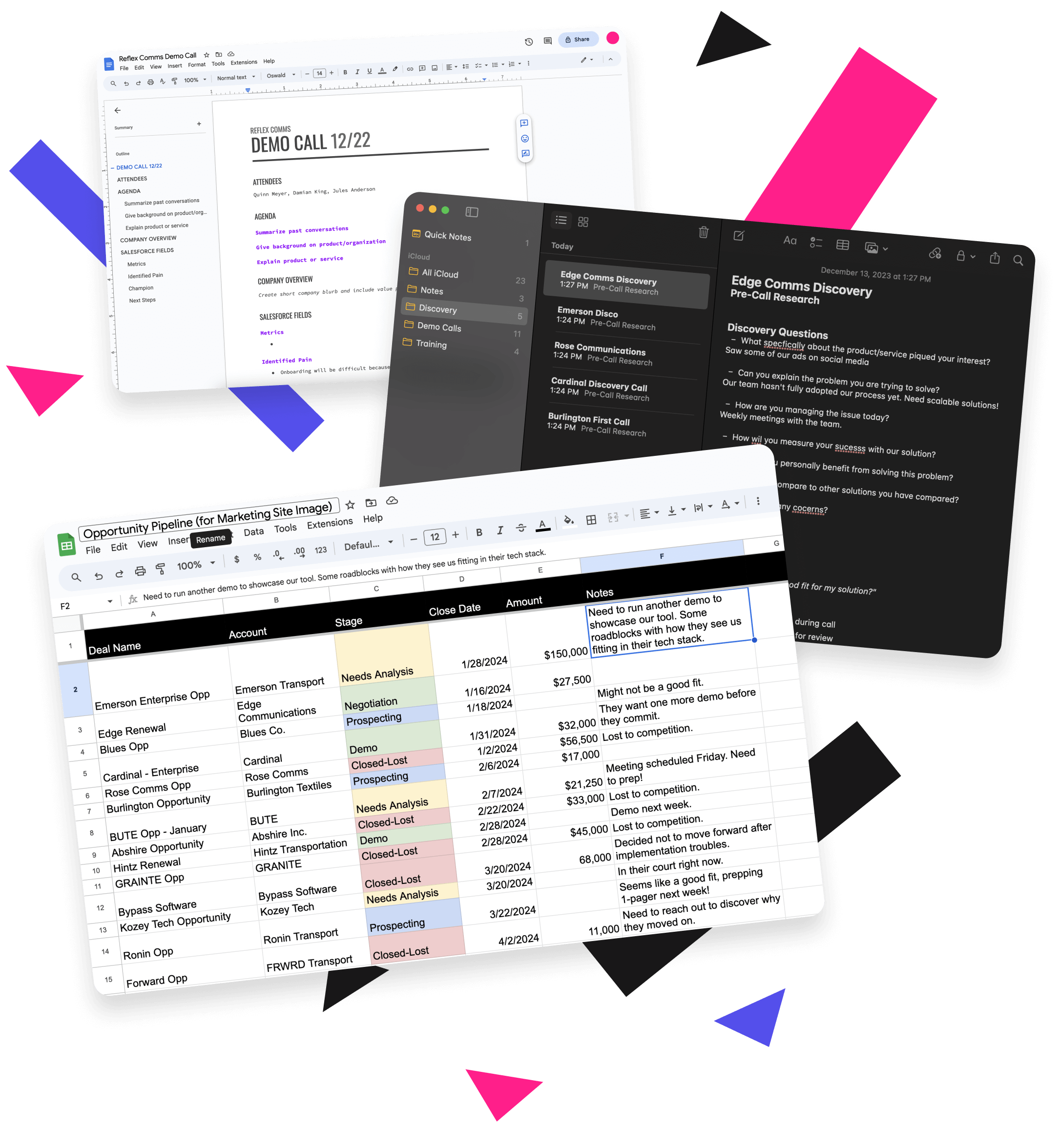 Stylized graphic showing a jumble of sales tools such as Google Sheets, Apple Notes, and Google Docs, which are used in in a chaotic, and hard to follow sales process.