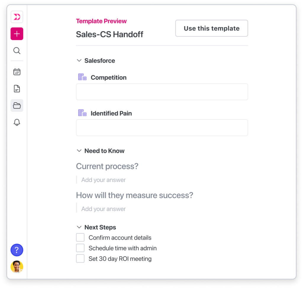 A Dooly note template for a sales to customer success handoff.