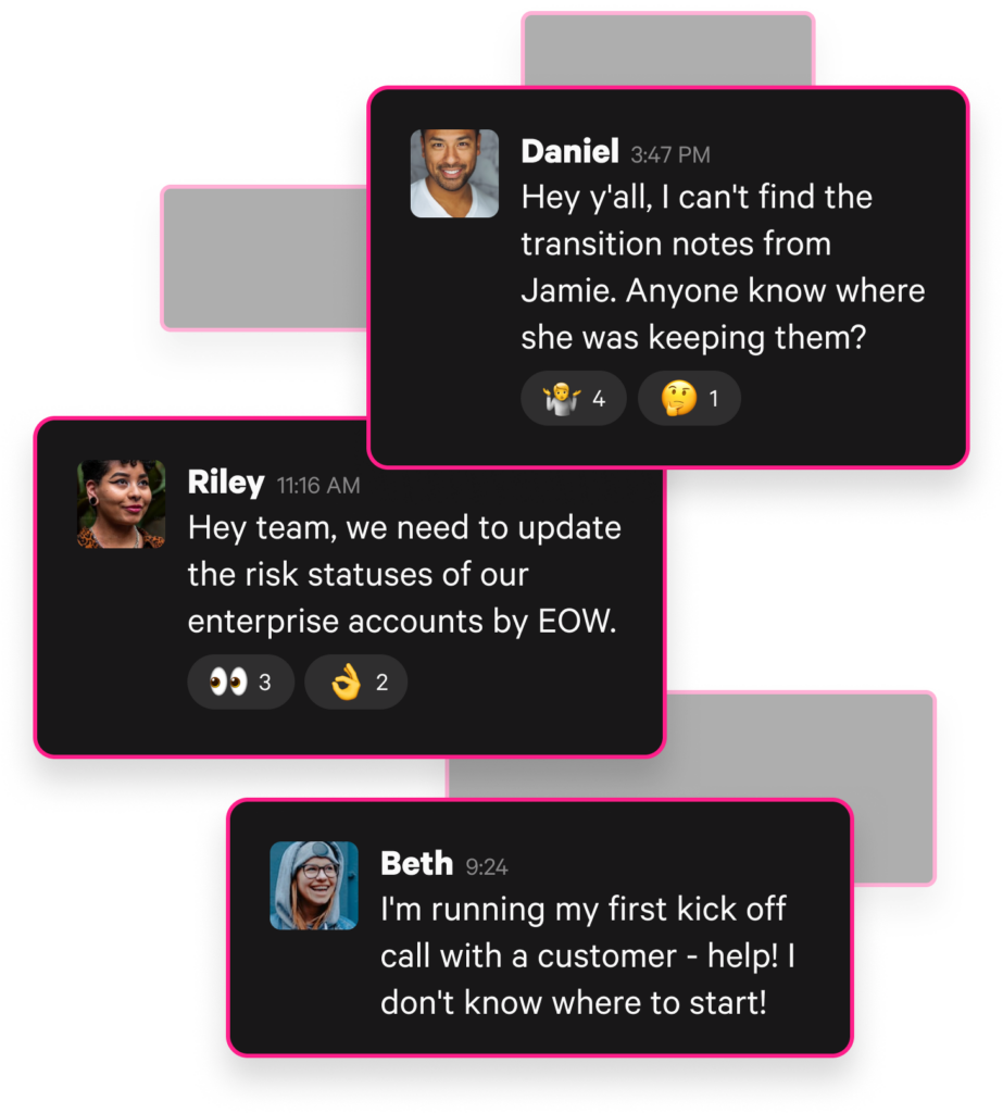 Graphic of online messages from customer team members, who are dealing with a poor account management process.