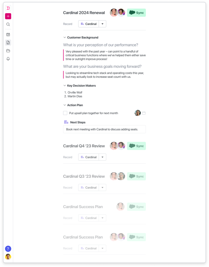 The Dooly notes feed, showing the note history for an account with notes for a renewal call, quarterly business reviews, and an account success plan call.