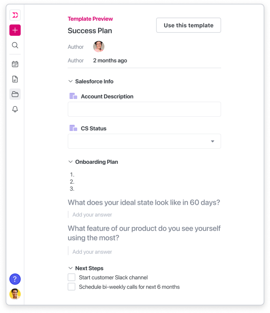 A Dooly note template for an account success plan.