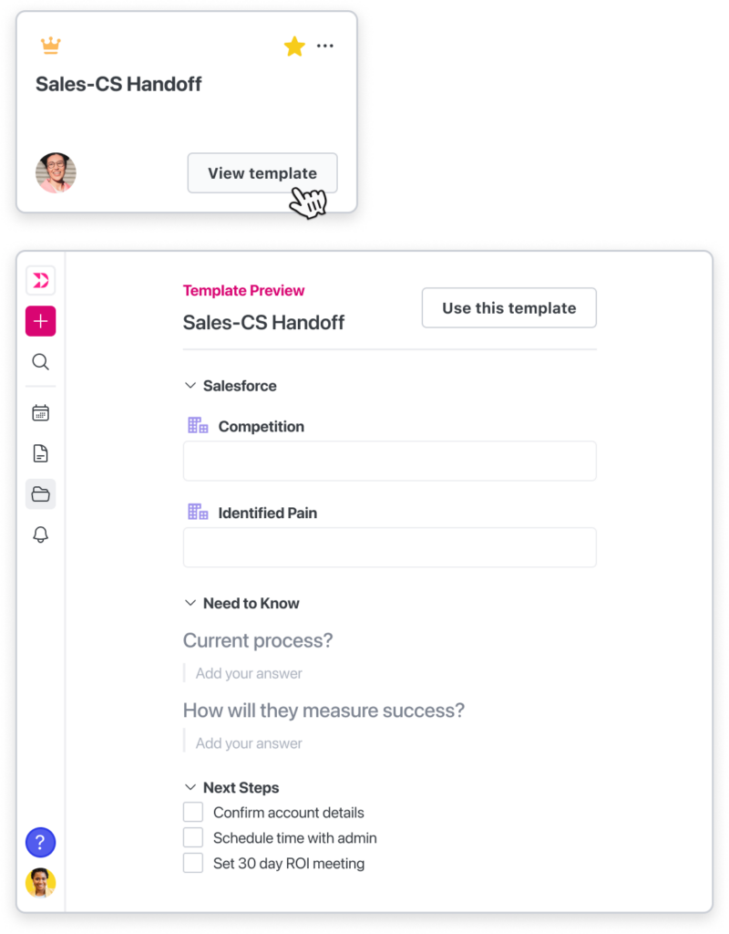 A Dooly note template for a sales to customer success handoff.