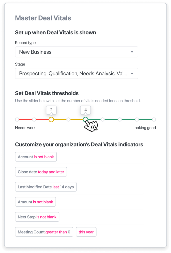 Dooly’s Deal Vitals customization menu, showing options for defining individual vitals, and customizing when and how vitals should appear on a deal.