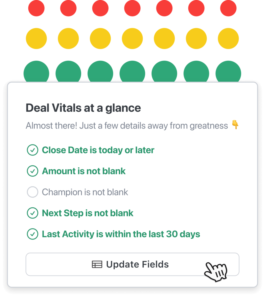 Dooly’s Deal Vitals modal, showing a checklist of critical deal information needs, such as the deal’s close date, deal amount, and next step.