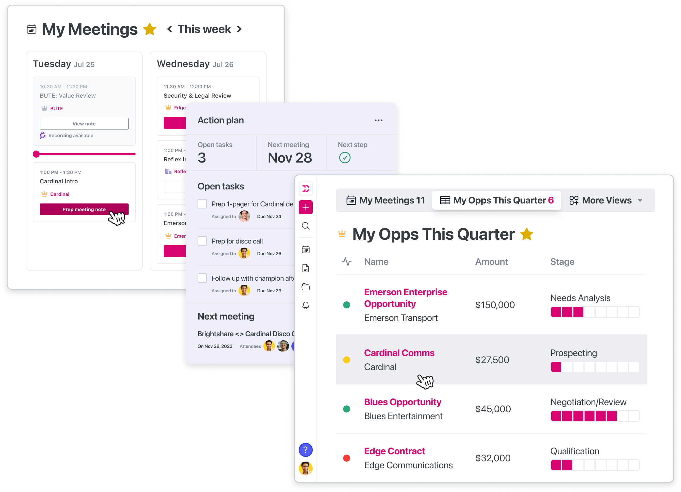 Three Dooly features for sales cycle management: the Meetings view, the Pipeline view, and DealSpace’s Action Plan card.