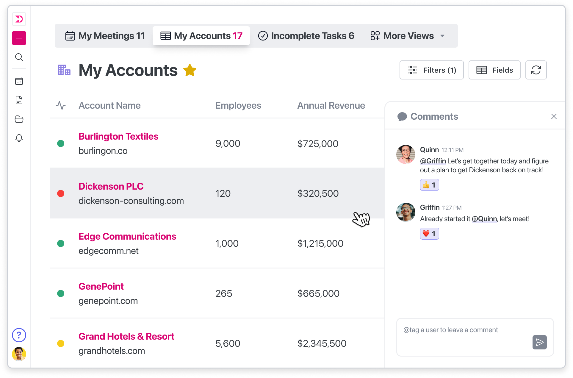 The Dooly pipeline showing customer accounts, with each account’s name, employee count, and annual revenue, as well as the comments panel showing team members discussing a specific account.